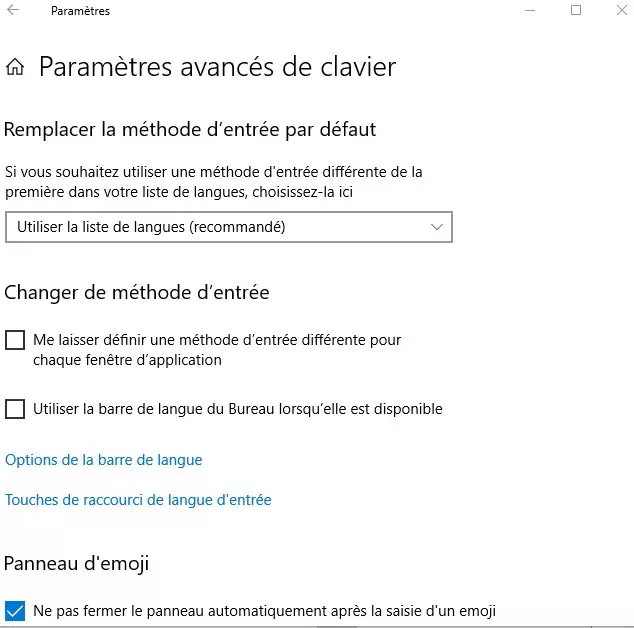 Paramètres avancés du clavier sous Windows 10