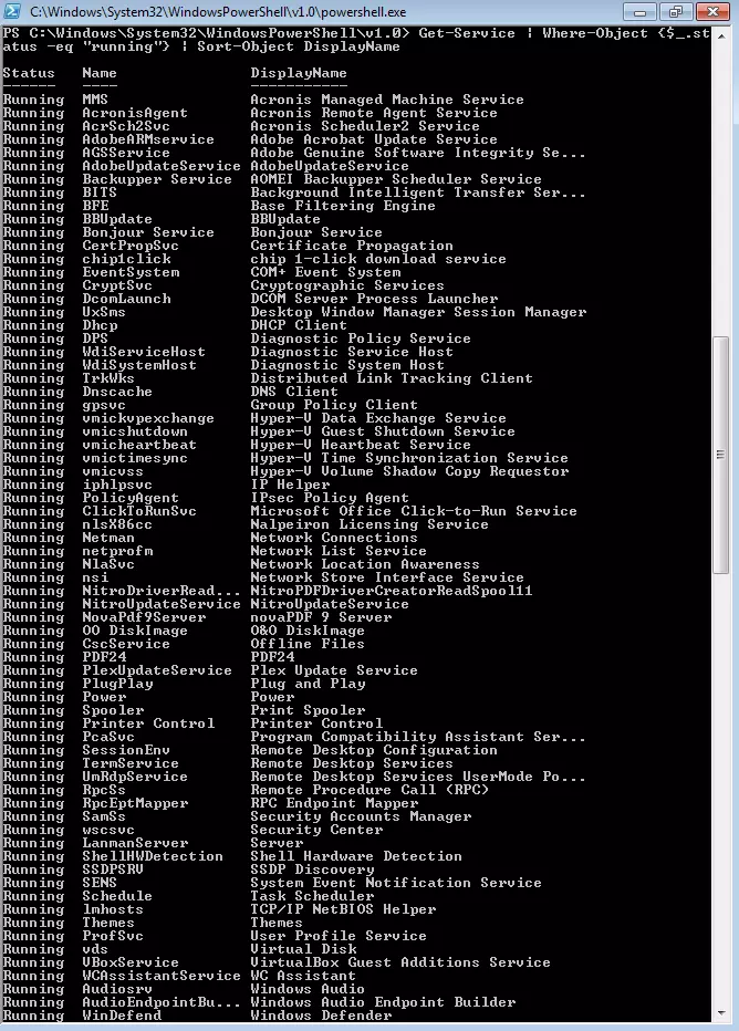 Résultats de la Pipeline Get-Service | Where-Object {$_.status –eq "running"} | Sort-Object DisplayName