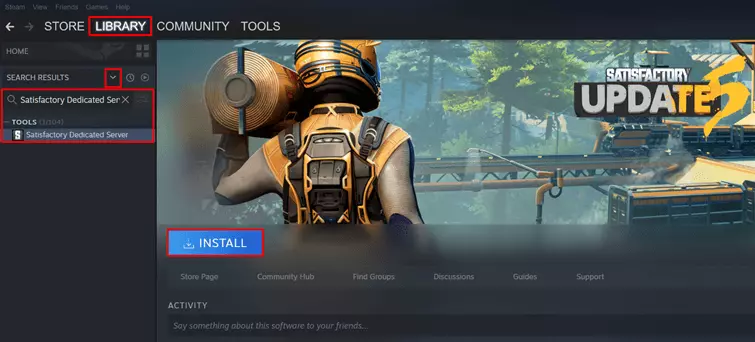 Client Steam : installation du logiciel de serveur dédié Satisfactory