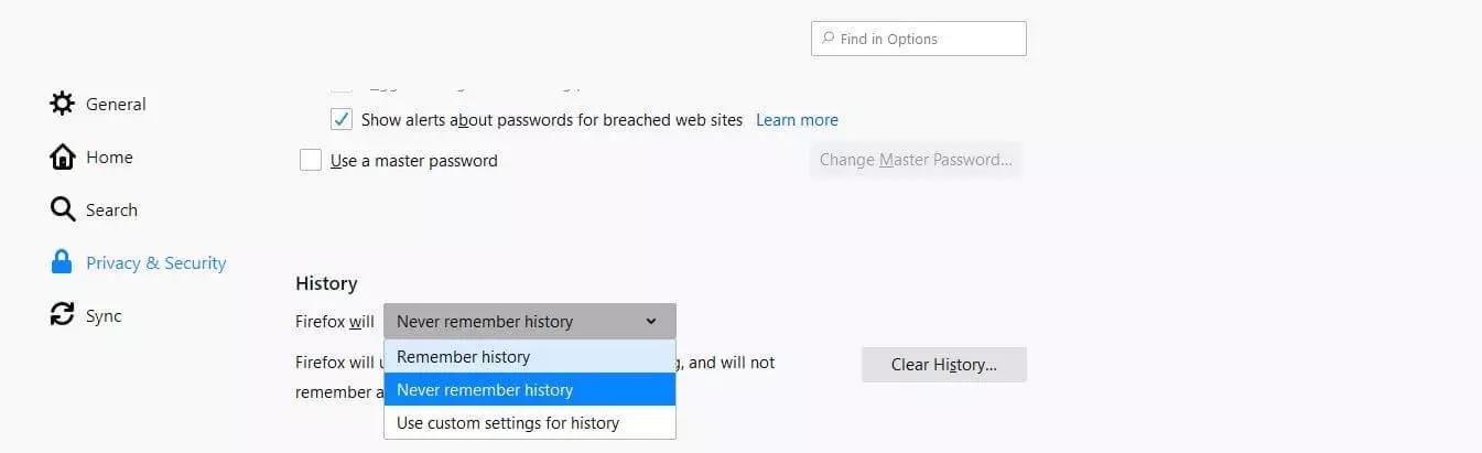 Menu Firefox « Vie privée et sécurité »