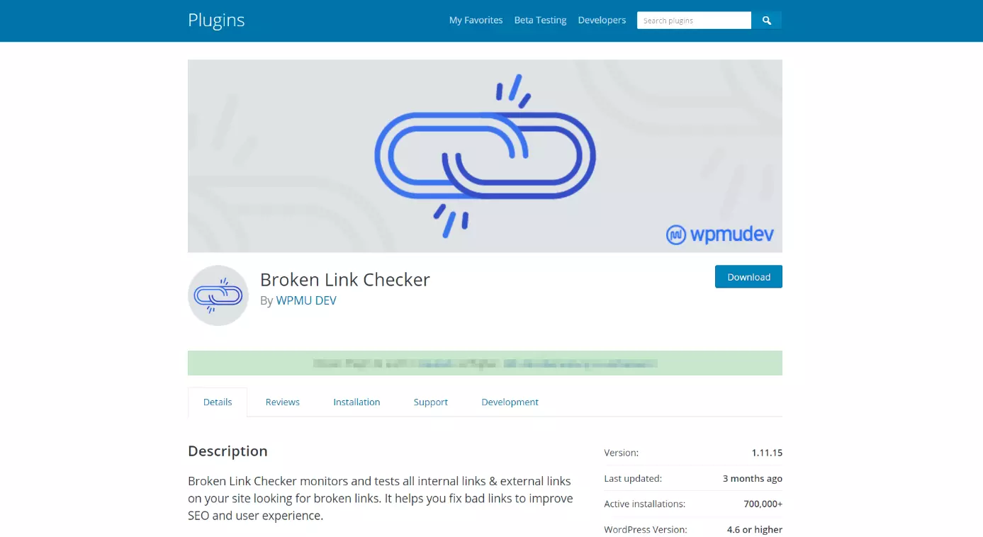 wordpress.org : page d’aperçu du plugin « Broken Link Checker »