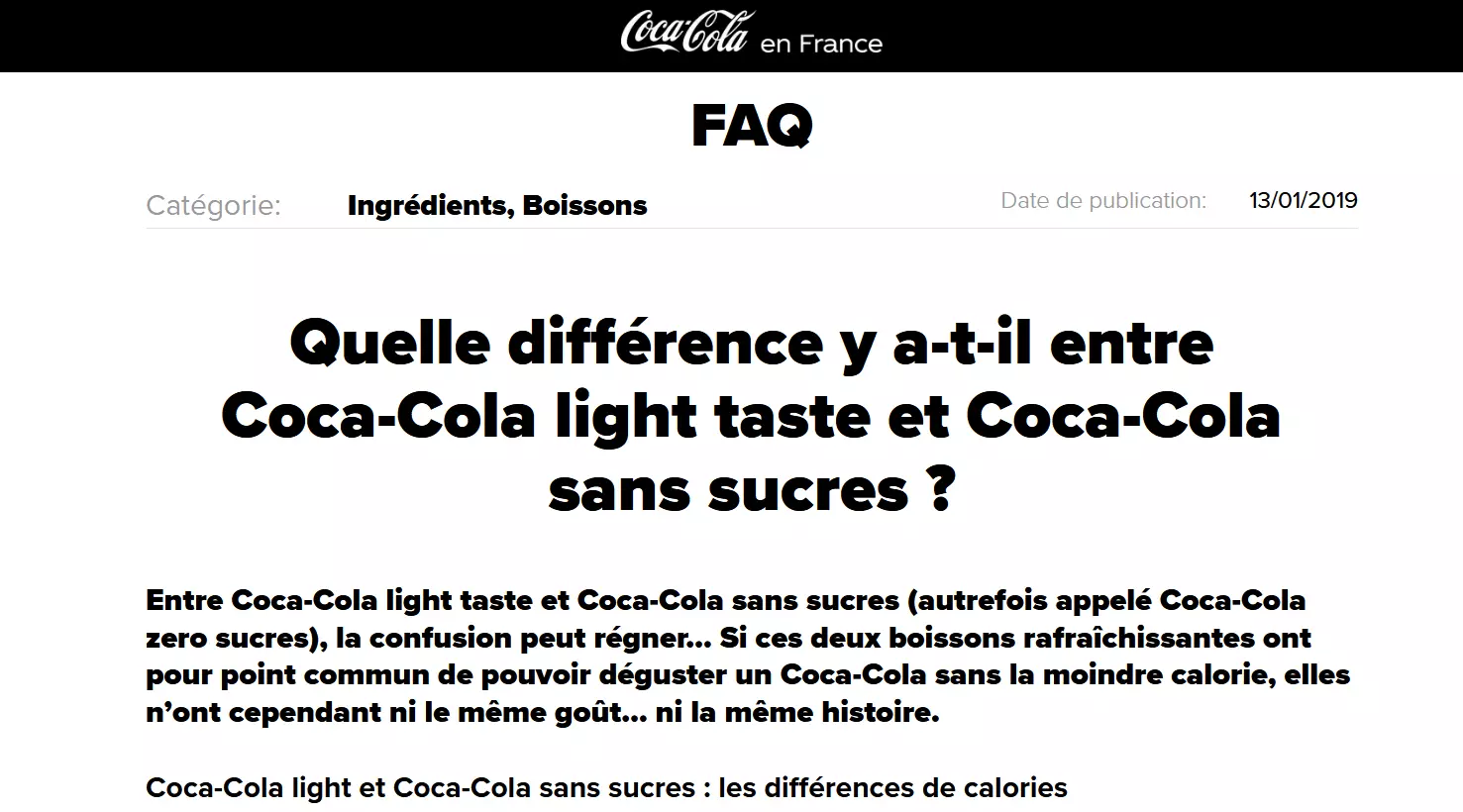 Capture d’écran d’un article sur les différences entre le Coca-Cola light taste et le Coca-Cola sans sucres