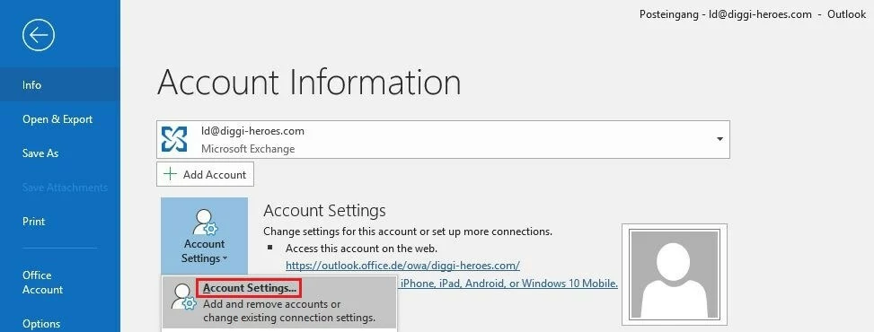 Menu « Informations du compte » dans Outlook 2016