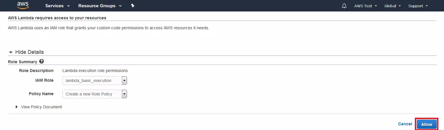 AWS Management Console : masque de configuration pour le rôle d’exécution de la fonction Lambda