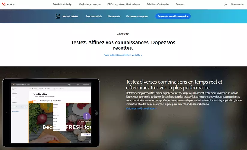 Site officiel d’Adobe avec l’offre Adobe Target