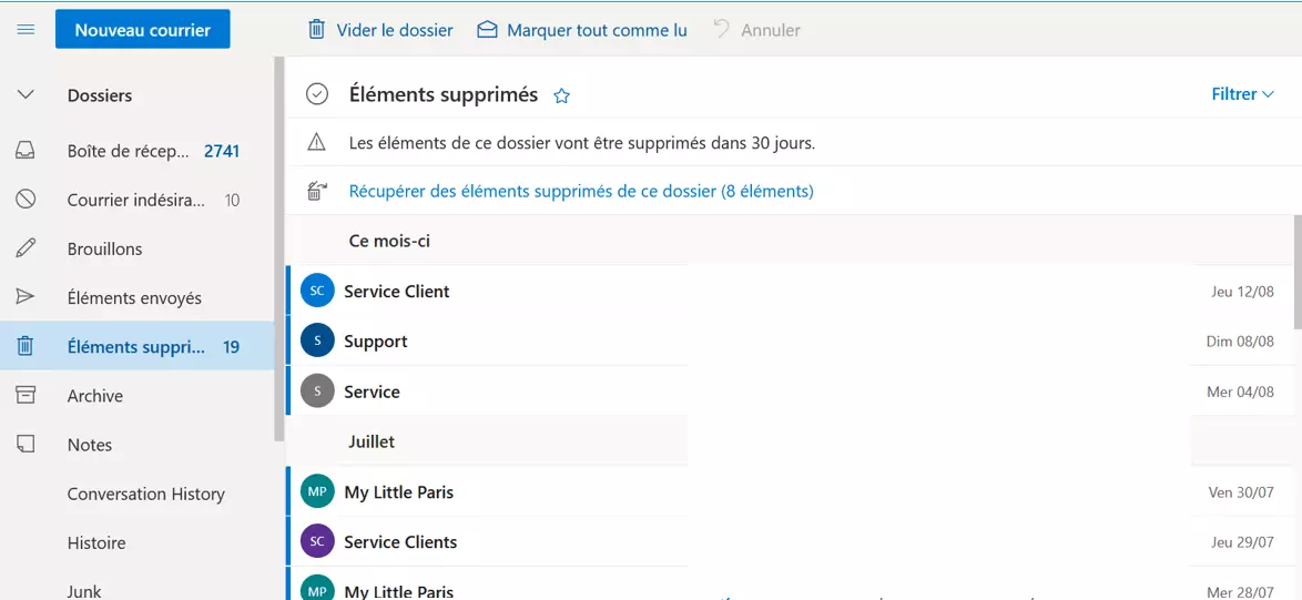 Éléments supprimés dans Outlook.com