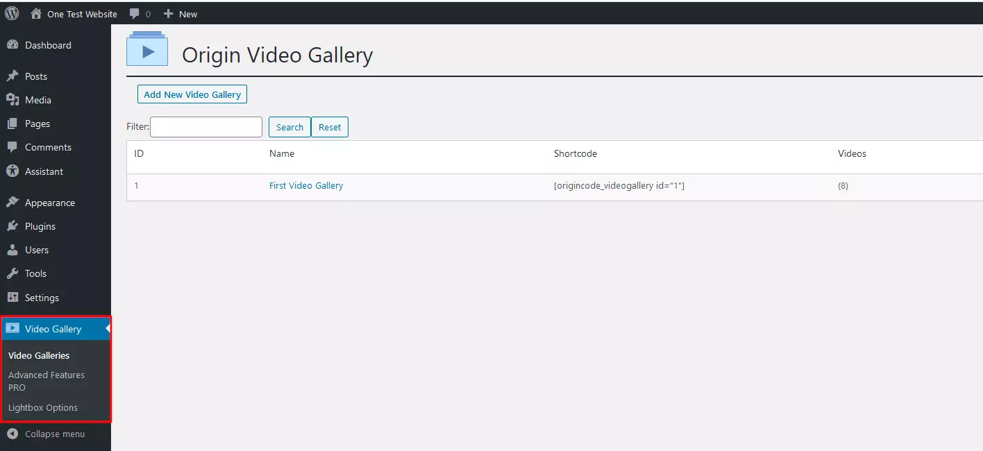 Menu du plug-in « Video Gallery » dans l’interface d’administration de WordPress