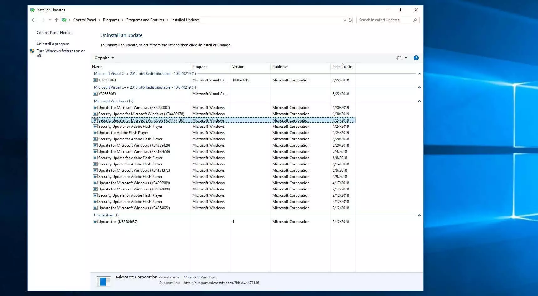 Vue d’ensemble des mises à jour installées sous Windows 10