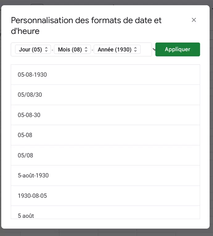 Capture d’écran des différents formats de date