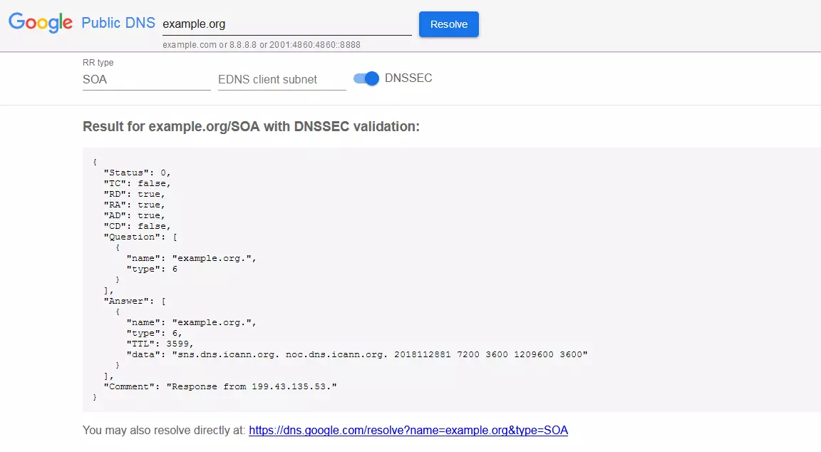 Vérifier un record SOA avec Google Public DNS