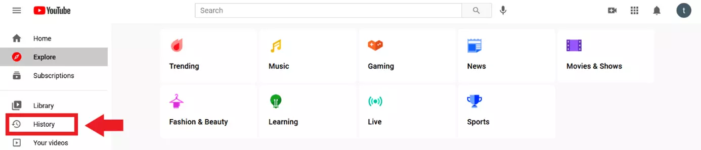 Élément de menu « Historique » dans la barre latérale de YouTube