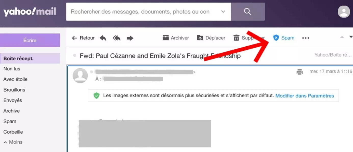 Yahoo : boîte de réception avec l’icône Spam.