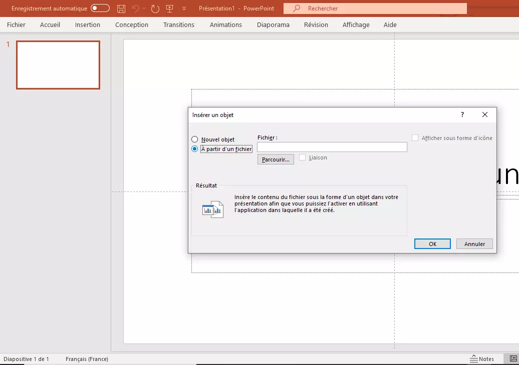 Boîte de dialogue « Insérer un objet » dans PowerPoint