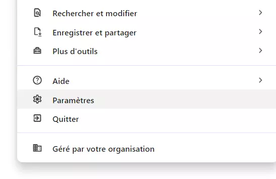 Le menu du navigateur Web Chrome