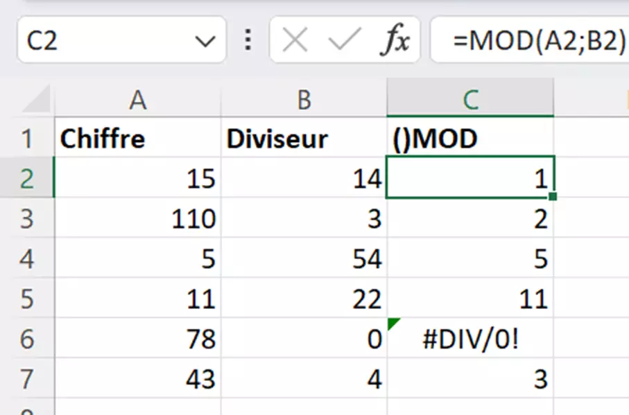 Fonction MOD d’Excel : message d’erreur #DIV/0!