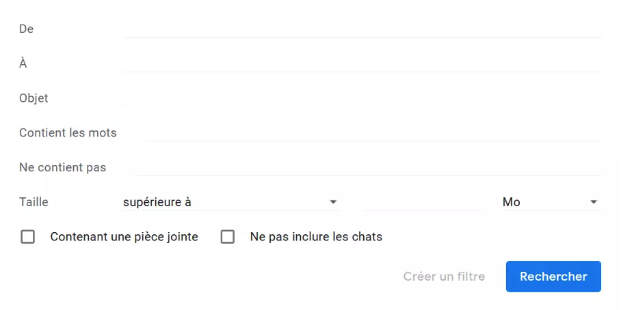 Capture d’écran des options « Filtres » disponibles dans Gmail