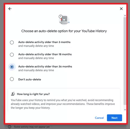 YouTube : Activation de l’option « Supprimer automatiquement l’activité datant de plus de »