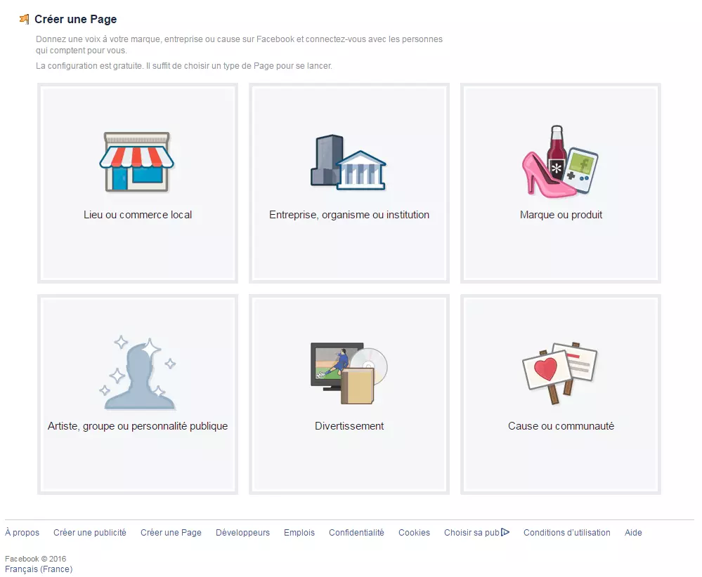 « Créer une page » sur Facebook