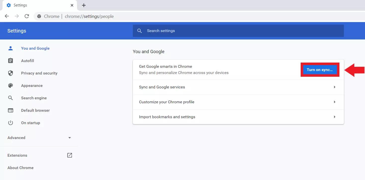 Google Chrome : menu « Google et vous », bouton « Activer la synchronisation… »