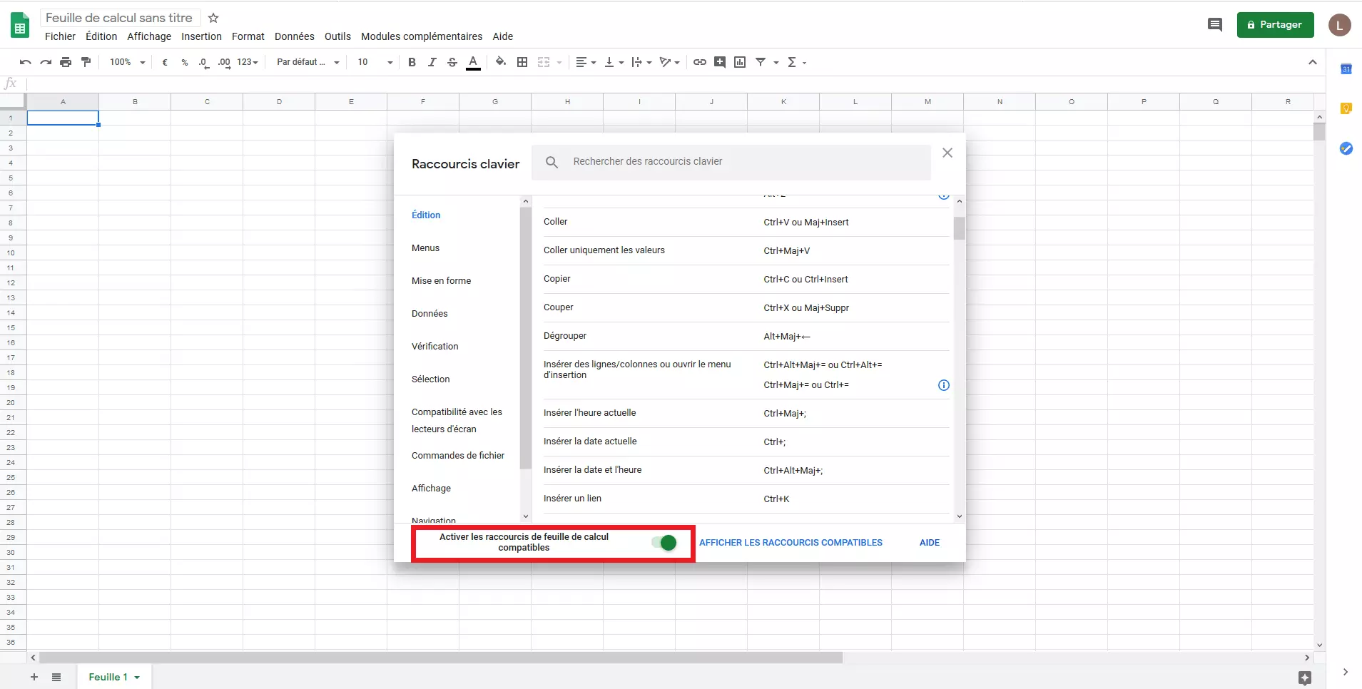 Google Sheets : activer les raccourcis compatibles