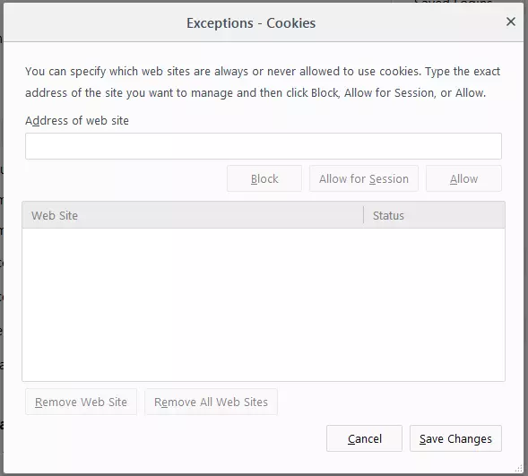 Firefox : liste d’exceptions pour les sites Web qui autorisent les cookies