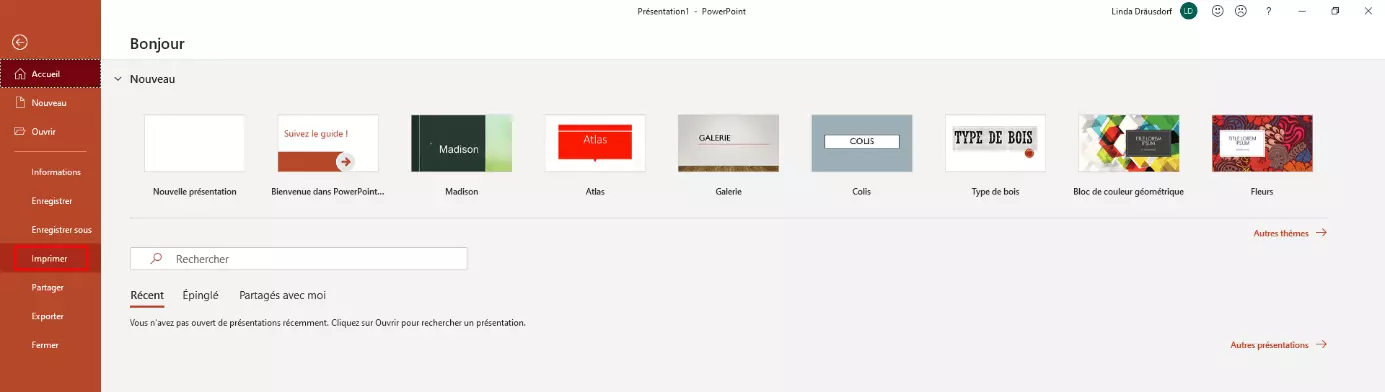 Notes PowerPoint : bouton « Imprimer »