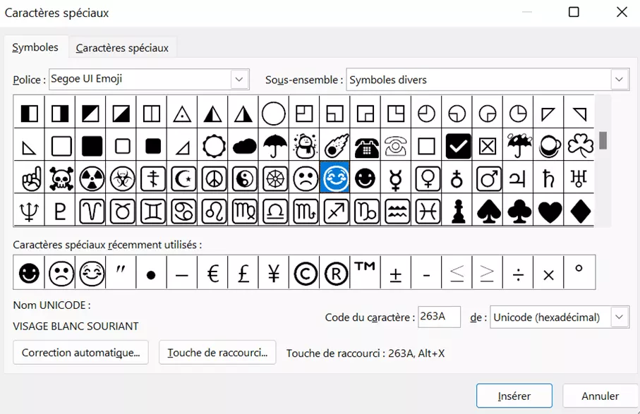 Outlook : symboles disponibles pour la police Segoe UI Émoji