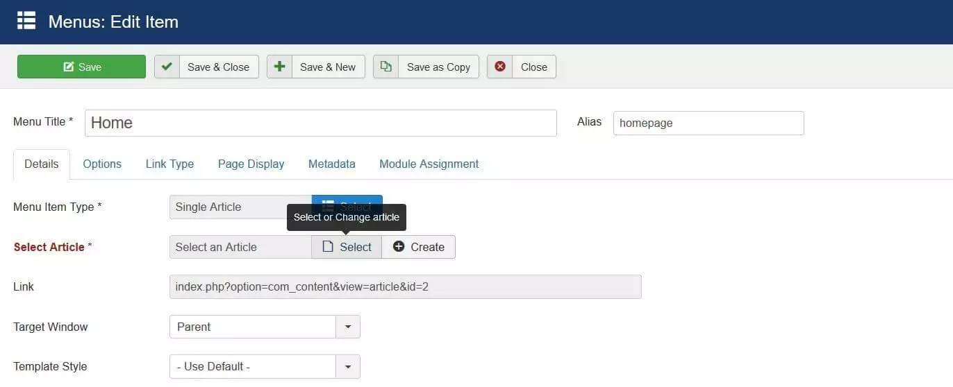 Élément de menu « Menu de la page d’accueil » sur Joomla