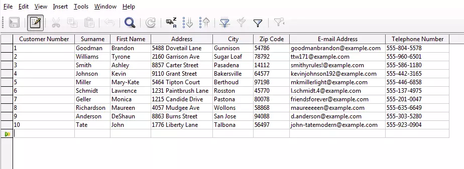 Exemple de base de données de clients contenue dans LibreOffice Base