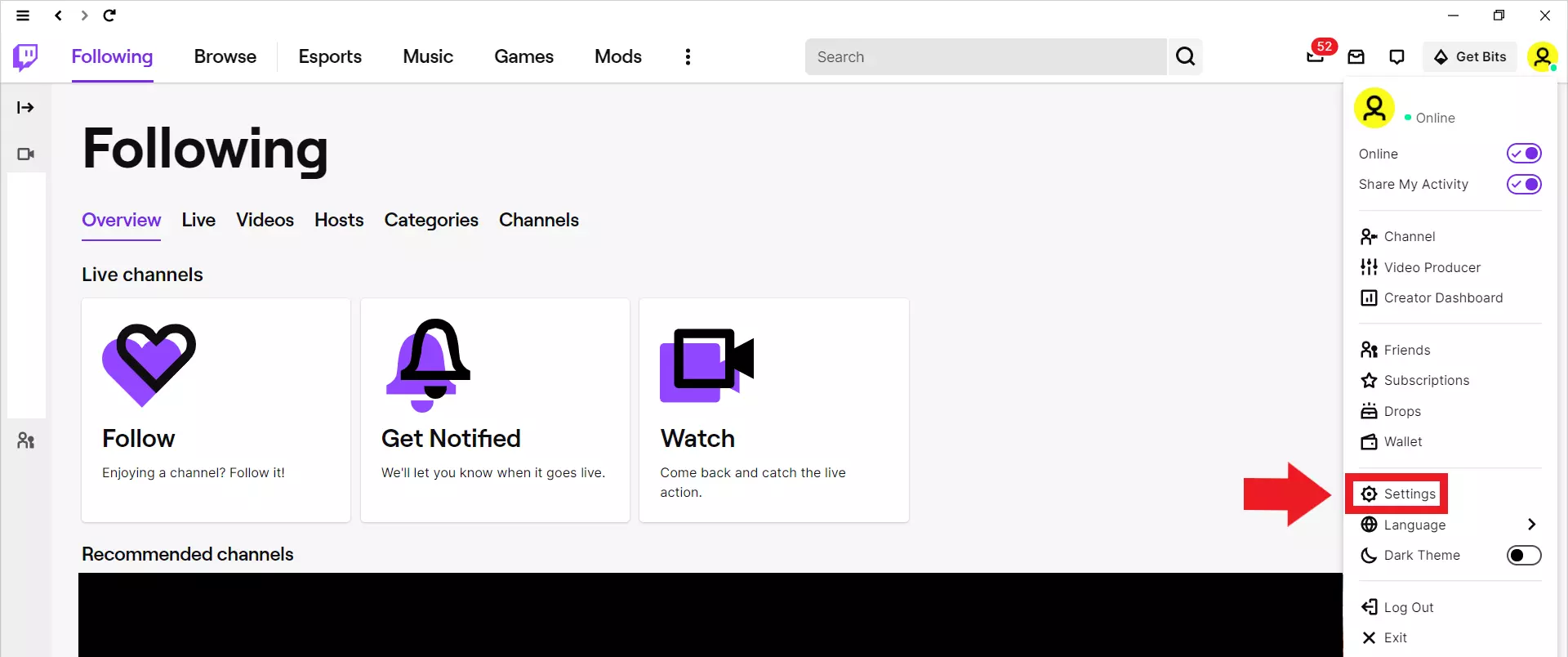 Menu accessible depuis la photo de profil sur l’application de bureau Twitch