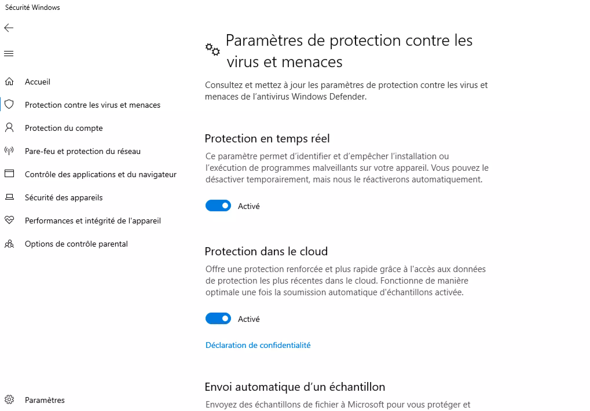 Paramètres Windows de protection contre les virus et menaces