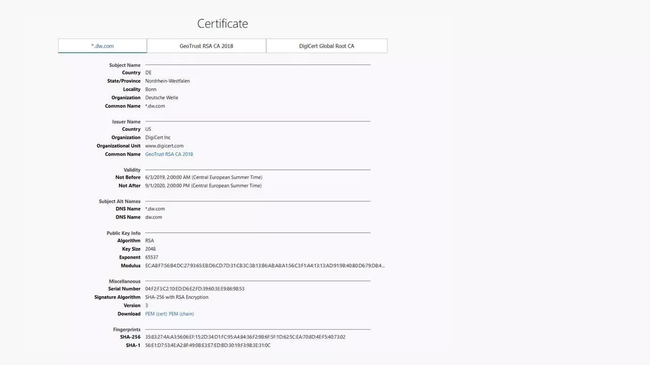 Certificat de serveur avec valeurs de hachage (empreintes numériques)