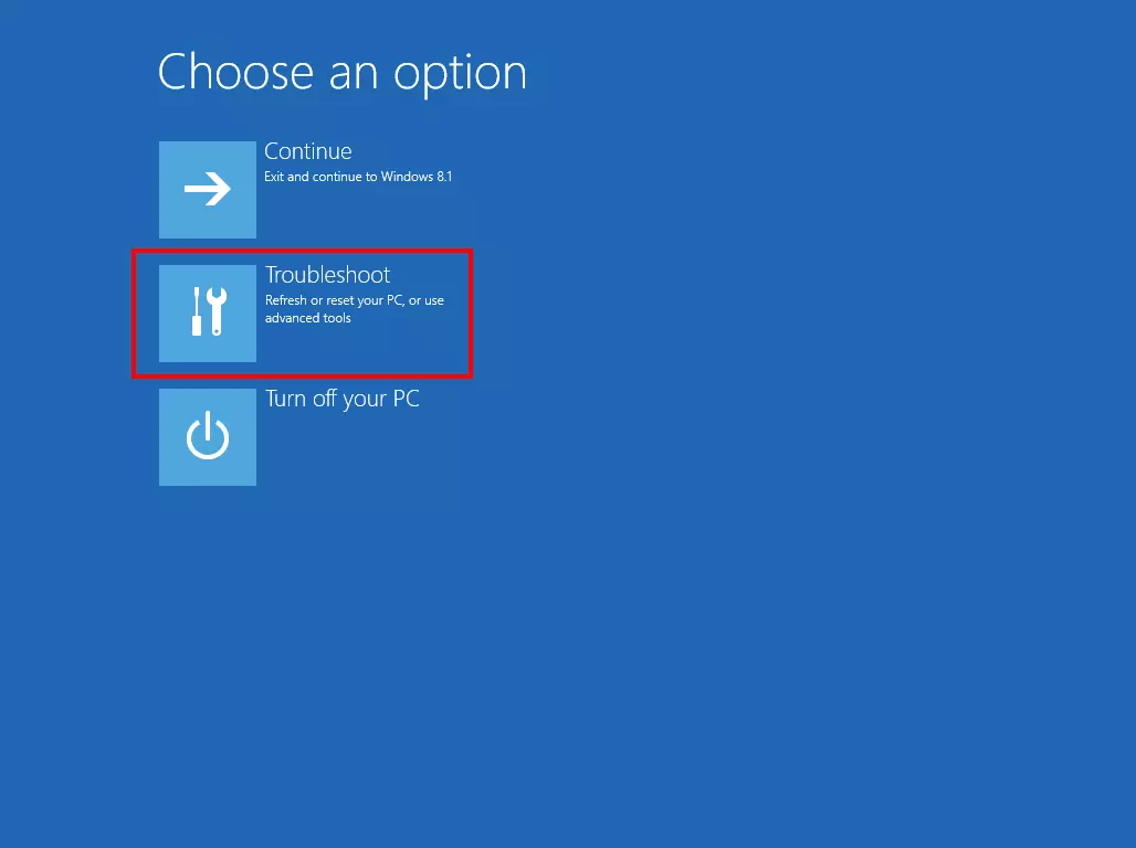 Restauration du système Windows 8 : écran « Choisir une option » et option « Dépannage »