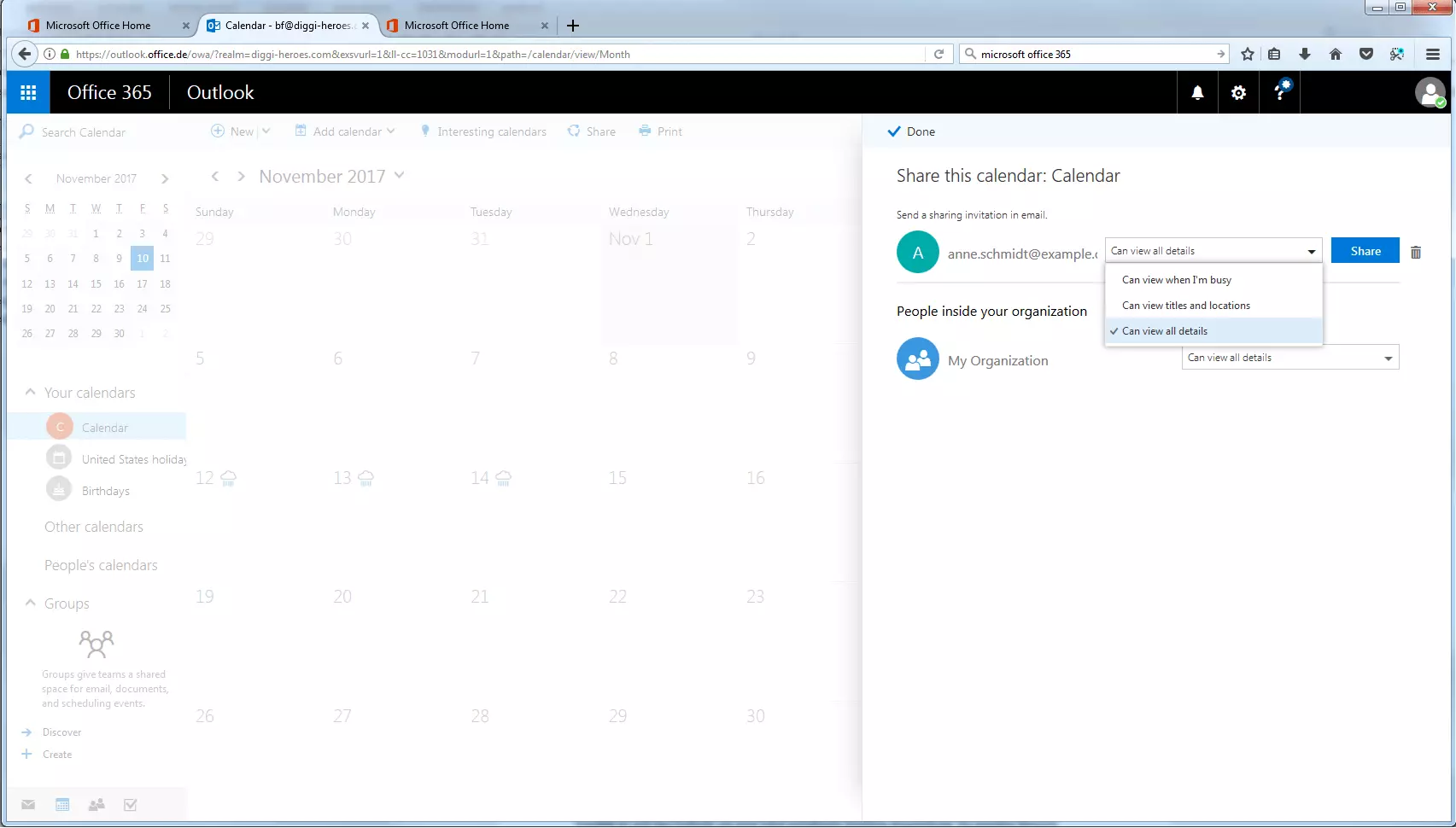 Microsoft 365 : les différents niveaux de détails pour le partage du calendrier.