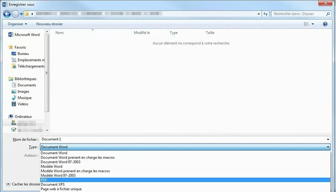 Fenêtre « enregistrer sous » dans Word.