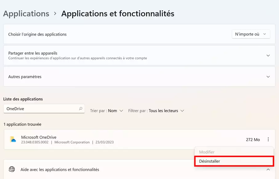 Désinstaller OneDrive dans les paramètres Windows