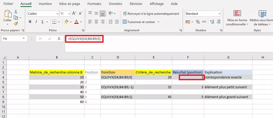 Exemple d’application EQUIVX dans un classeur Excel