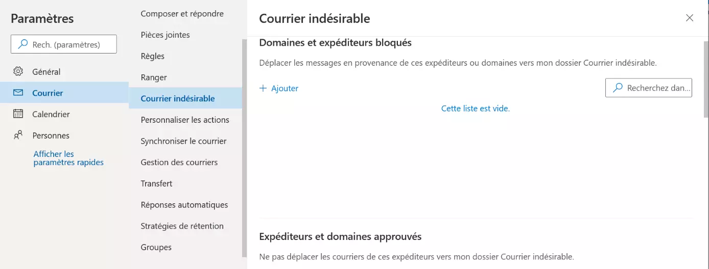 Paramètres du courrier indésirable dans Outlook.com