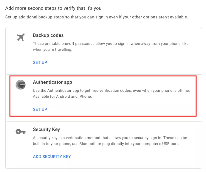 Compte Google : sélectionnez l’application Google Authenticator