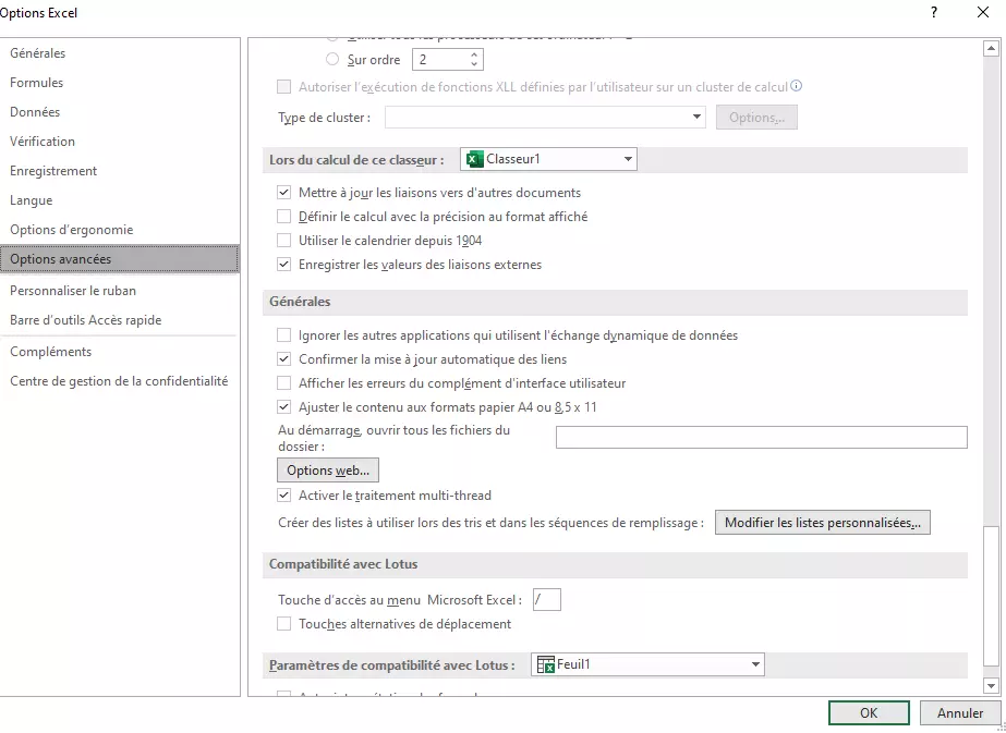 Options avancées dans Excel