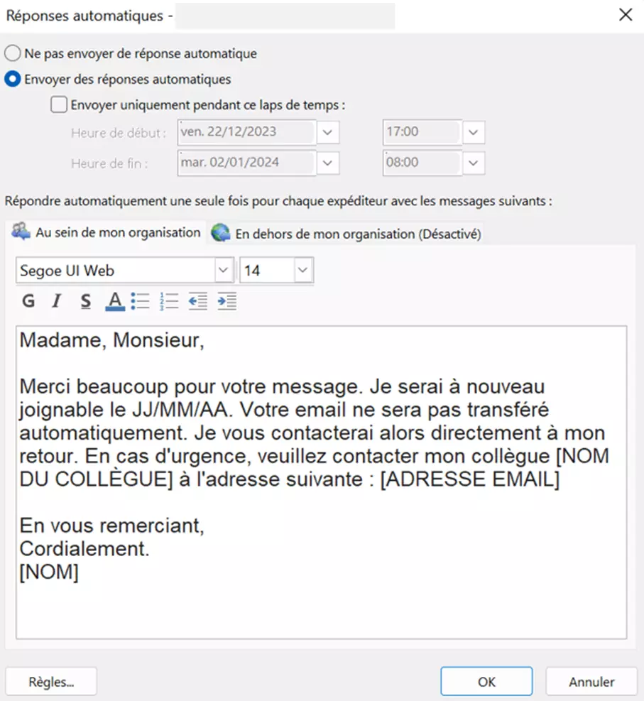 Fenêtre de saisie du message d’absence sous Outlook