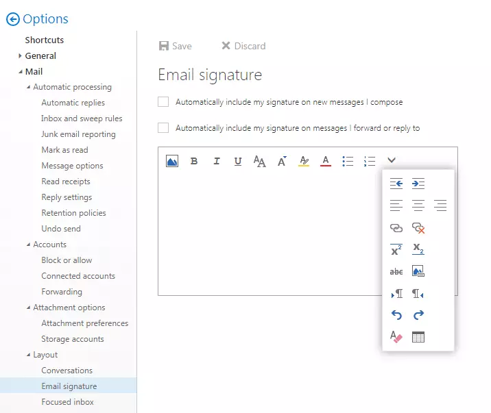 Capture d’écran de l’éditeur de signature d’email dans l’application Web Outlook