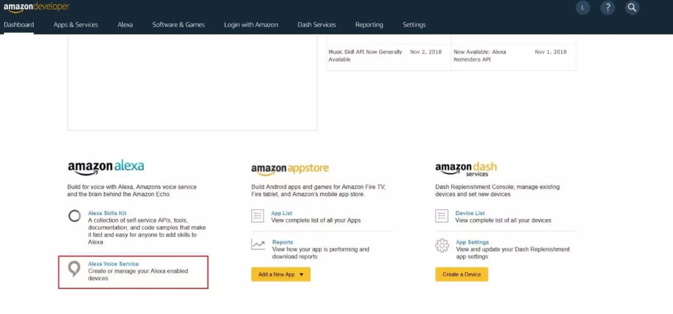 Tableau de bord de développeur Amazon