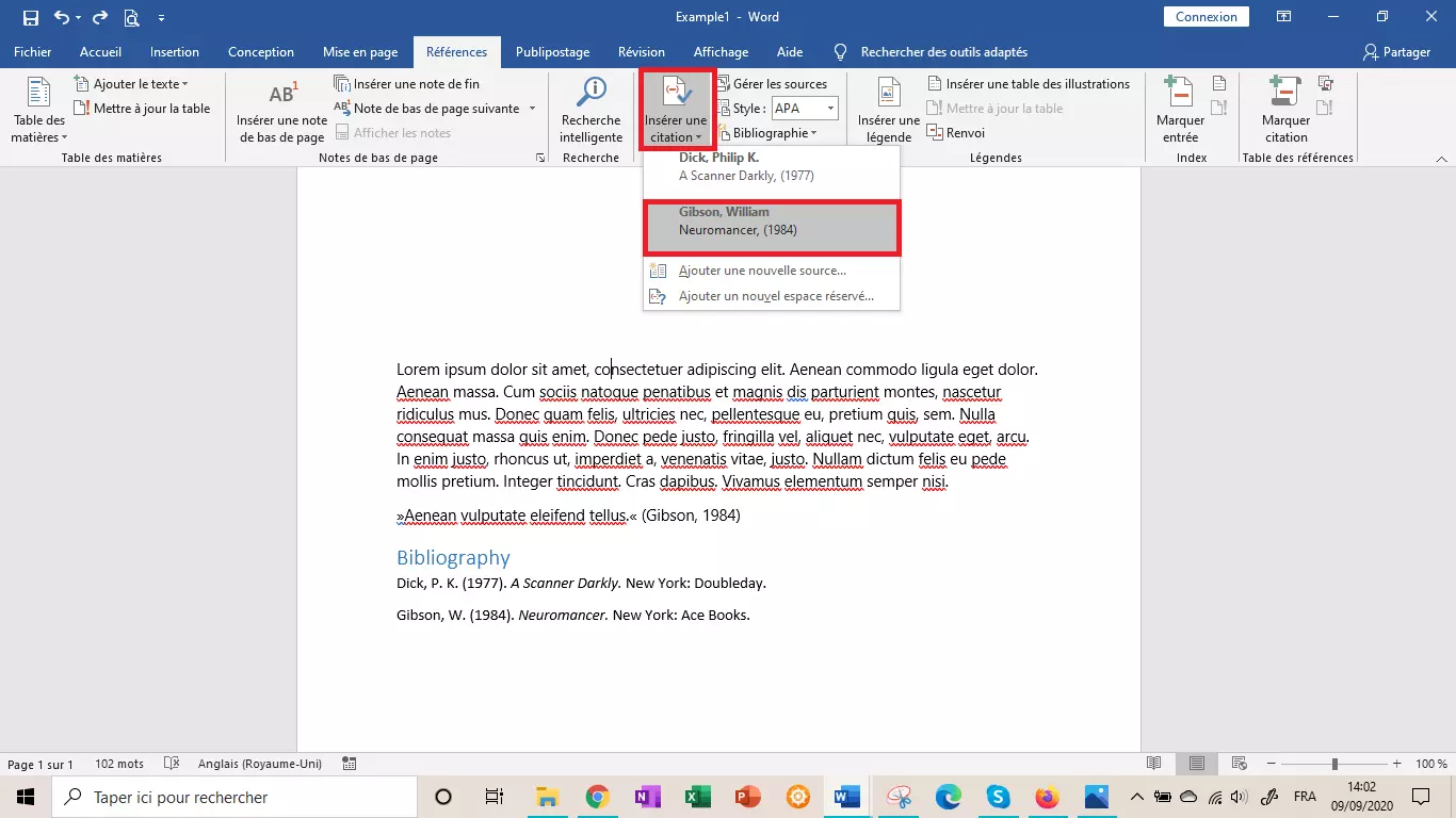 Menu permettant d’insérer une citation dans Word