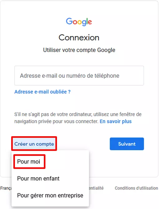 Options liées à la création du compte sur la page de connexion Google