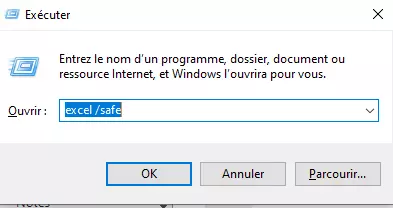 Fenêtre permettant de démarrer Excel en mode sans échec