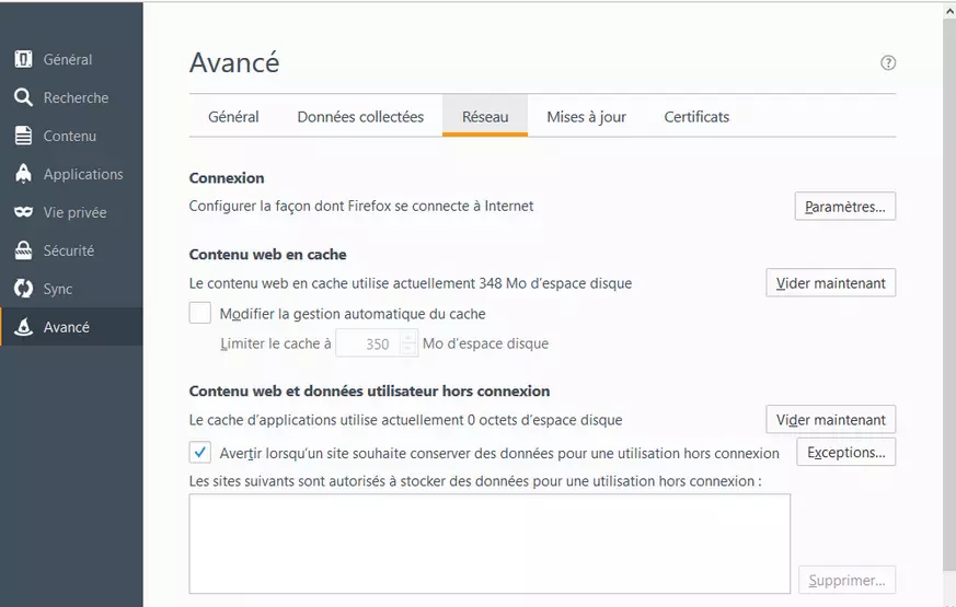 Onglet « Avancé » dans les paramètres Firefox