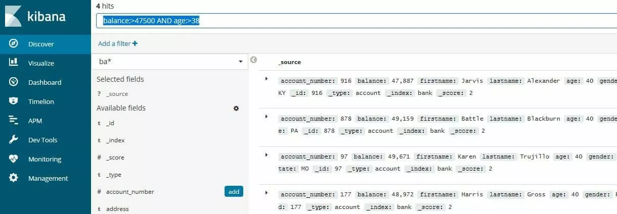 Kibana : résultats d’un filtrage d’un ensemble de données