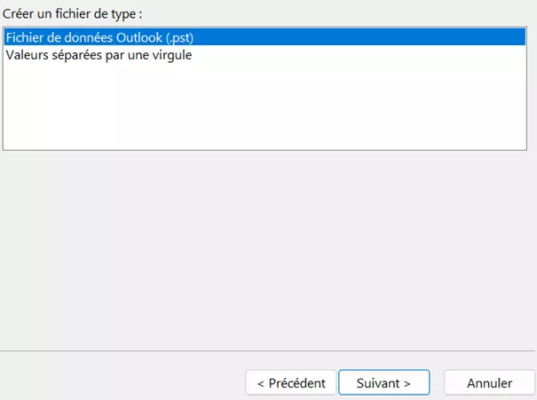 Outlook : exportation vers un fichier PST dans l’assistant d’import/export