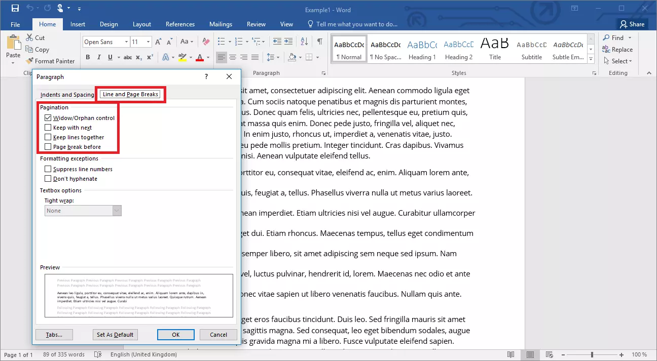 Options de pagination dans Word